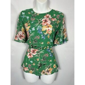 Loft Women's Kelly Green Peplum Top Size 10 Tropical Floral Flowy Feminine